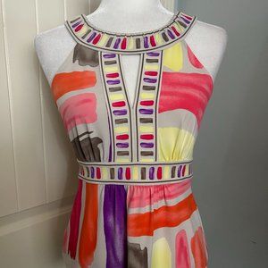 BCBG Max Azria Banded Crew Neck Sleeveless Multi-Stripe Top with Small Peplum XS